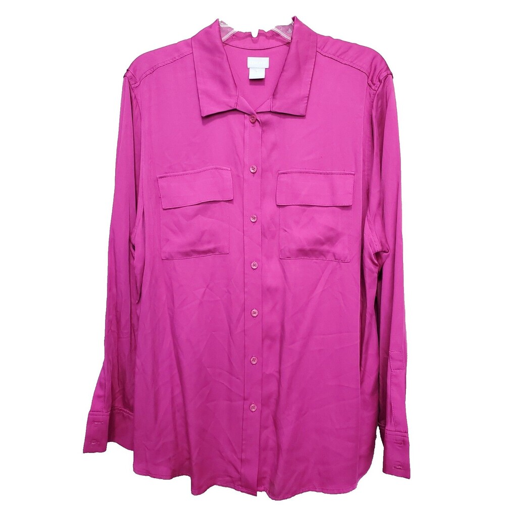 Chico's Sandwashed Satin Magenta Long Sleeve Button-Up Shirt Size 3 (XL)